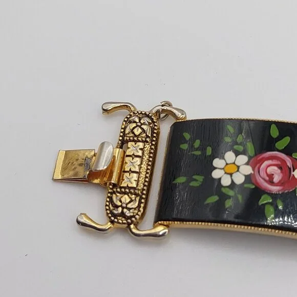 Vintage Hand Painted Floral Panel Bracelet Gold Tone Damascene Made in Spain - Picture 7 of 7
